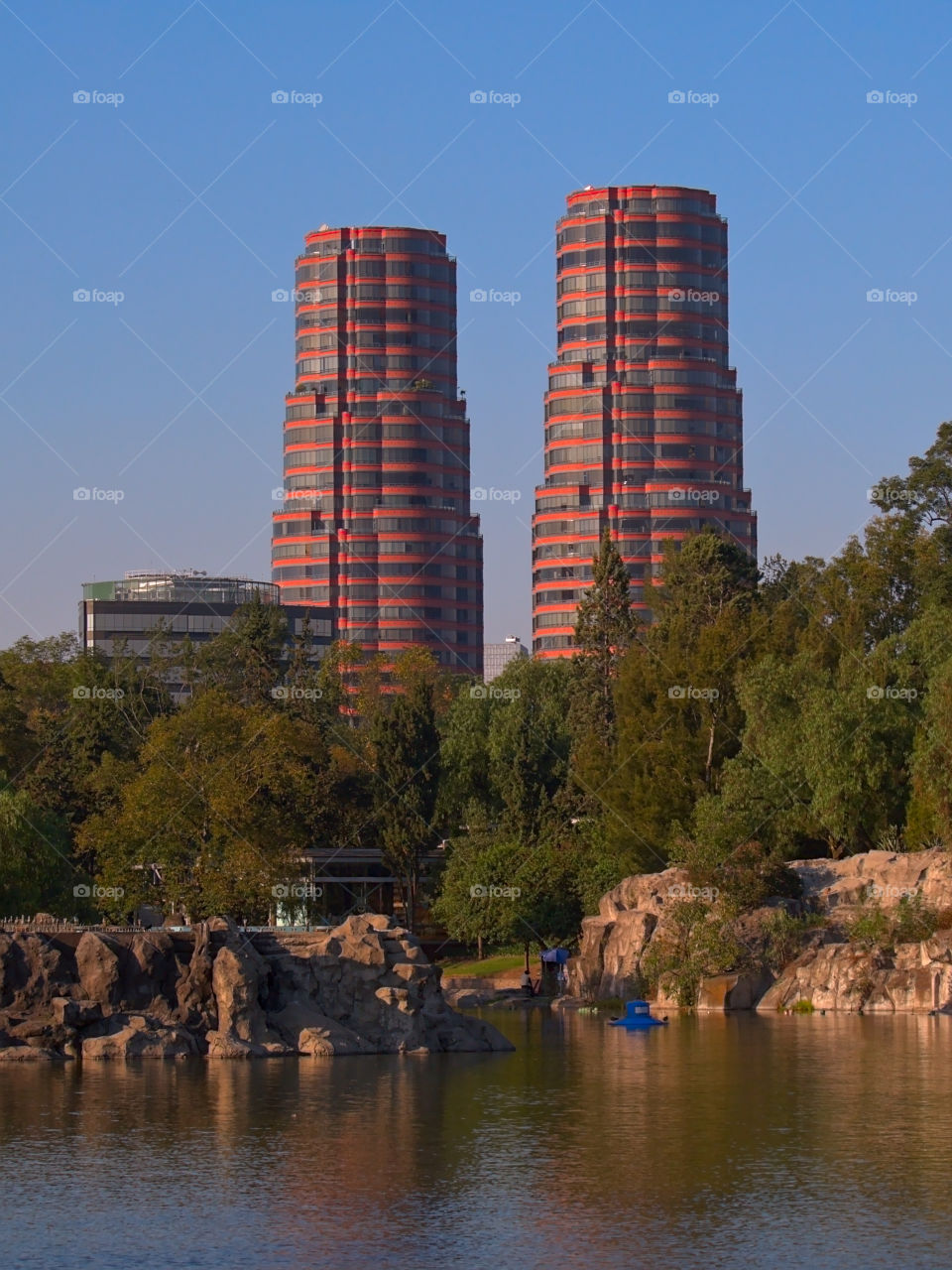 View of the residential towers "Residencial del Bosque" and the main lake in Chapultepec Park in Mexico City, Mexico