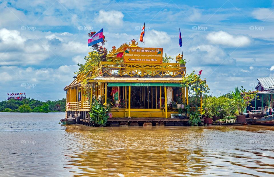 a Temple by the floating village of the Tonle Sap Lake near the Angkor historical Archaeology Park in the Province Siem Reap Cambodia Southeast Asia