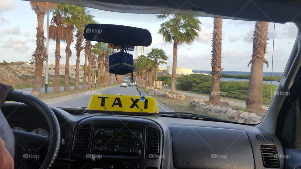 Taxi ride through palm trees