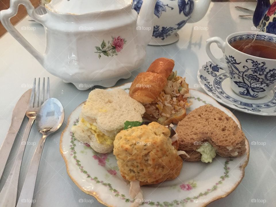 Close-up of breakfast with tea