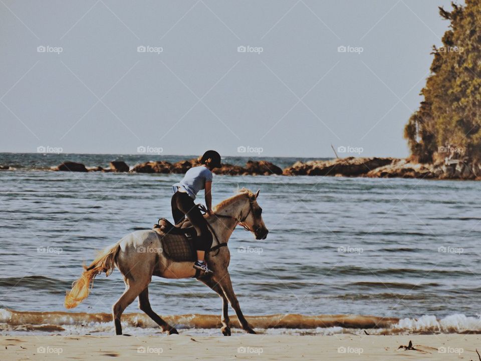 Riding a horse on the seaside