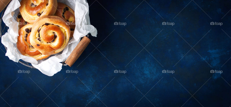 Top view of bakery on blue background