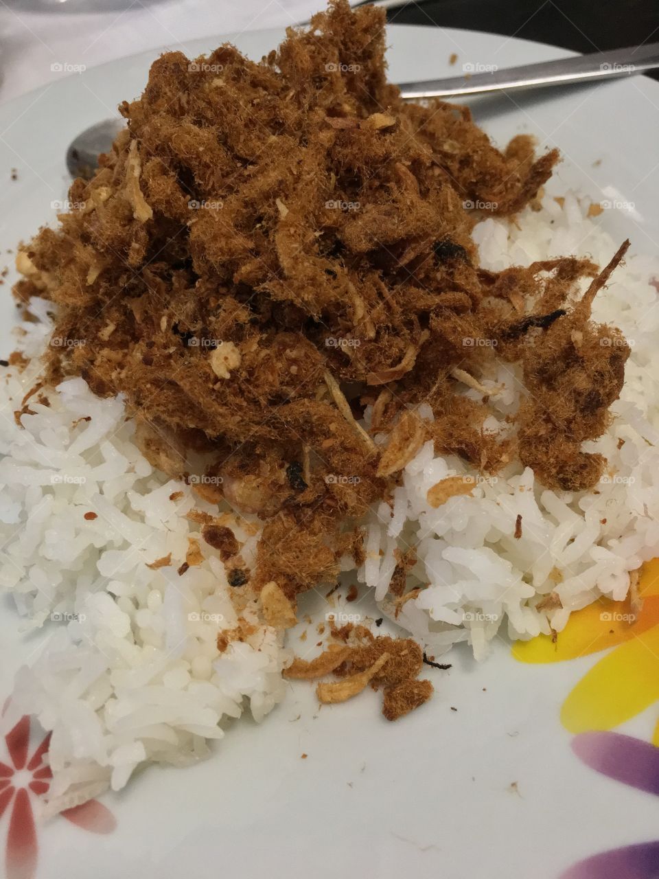 Rice with abon, one of traditional food from Indonesia