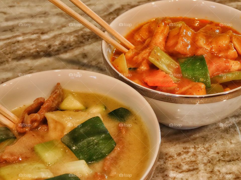 Spicy Red And Green Thai Curries. Curry Dishes From Thailand
