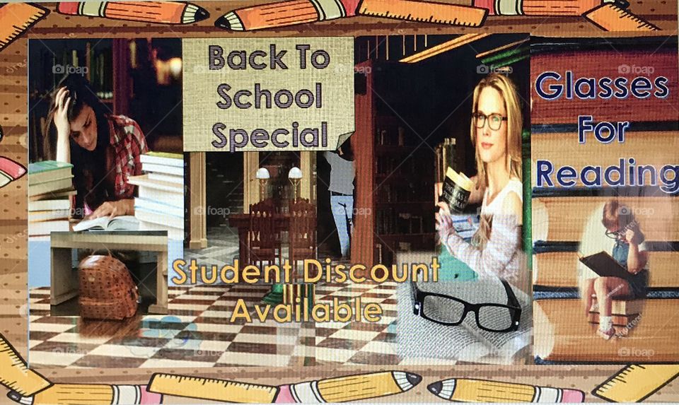This was a sales flyer I did when I worked for an optometrist(eye doctor). It was for a back to school sale. I created a collage and used Microsoft PowerPoint as an aide for the design layout.