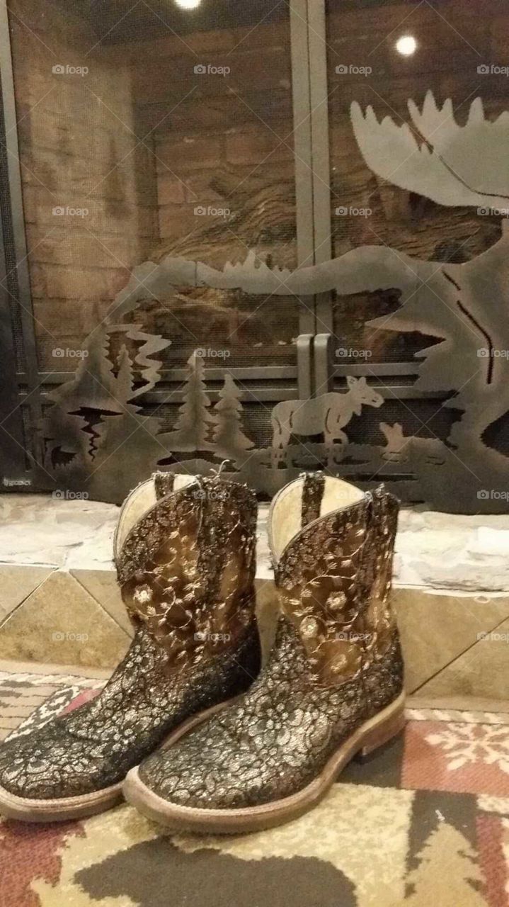 bling cowboy boots by a rustic fireplace,  gold adornment, mountain fireplace, wildlife