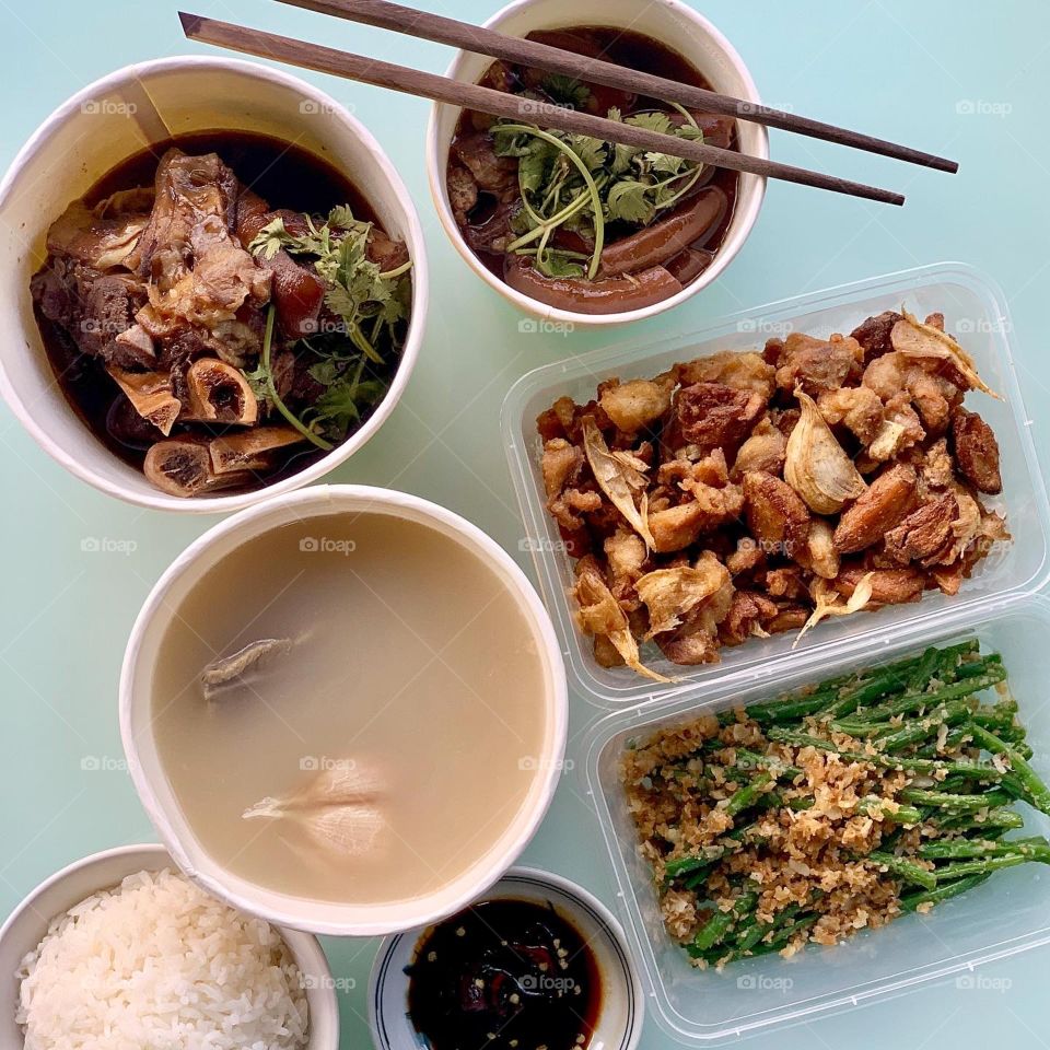 Teo chew bak kut Teh with fried chicken garlic, French beans with hae bee hiam, pig trotters and intestines meal