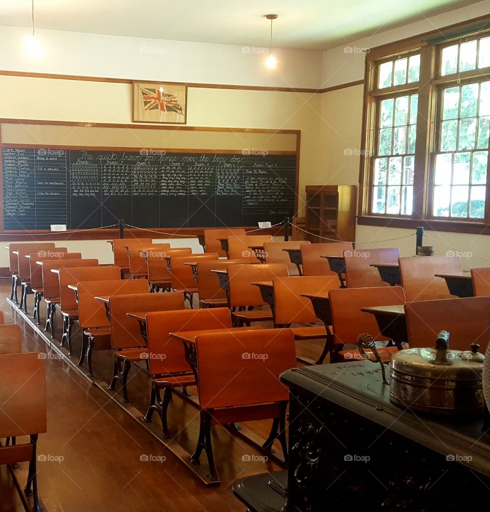 Old restored 1920s school classroom in Burnaby Museum.