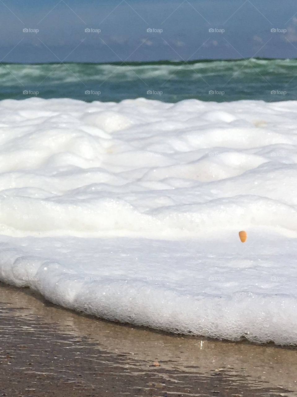 Rough surf with sea foam kicking up a little shell. 