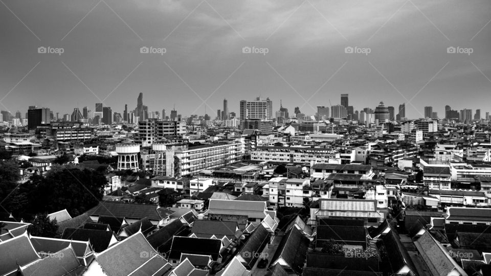 Bangkok rooftop, black and white, Thailand.