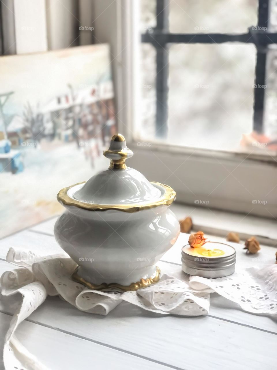 antique porcelain sugar bowl with gilding vintage  composition candle lace