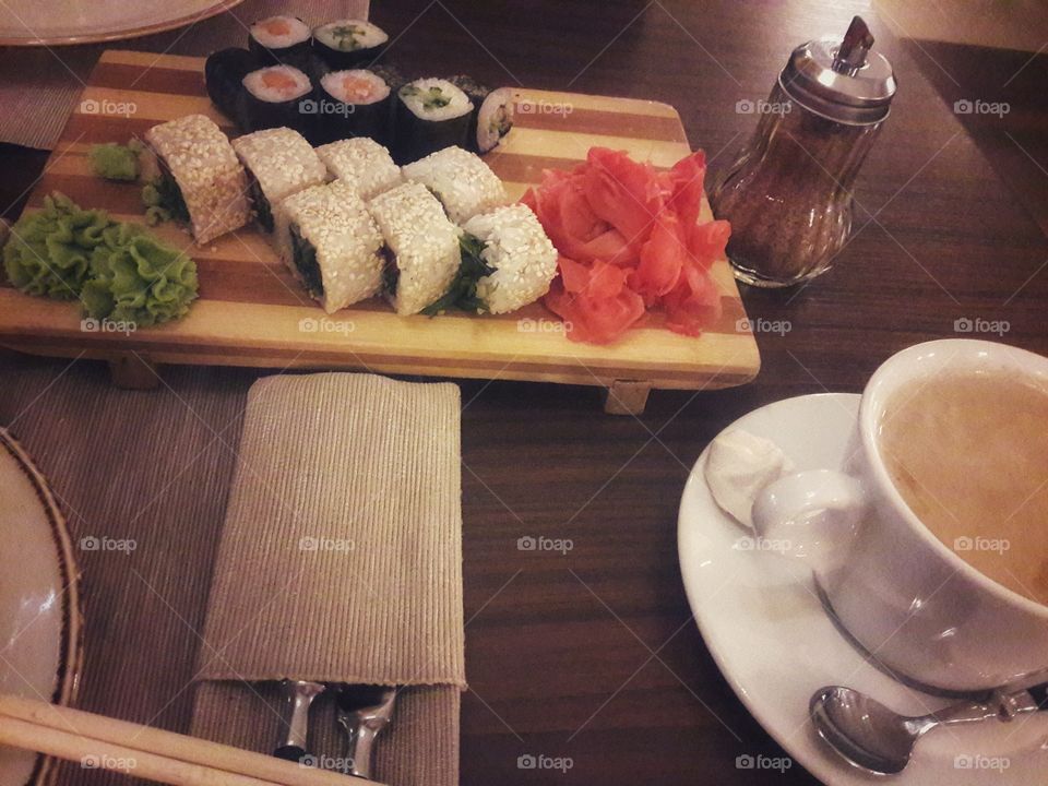 Food yummy served fish rolls sashimi table day part tea time herbal ceremony