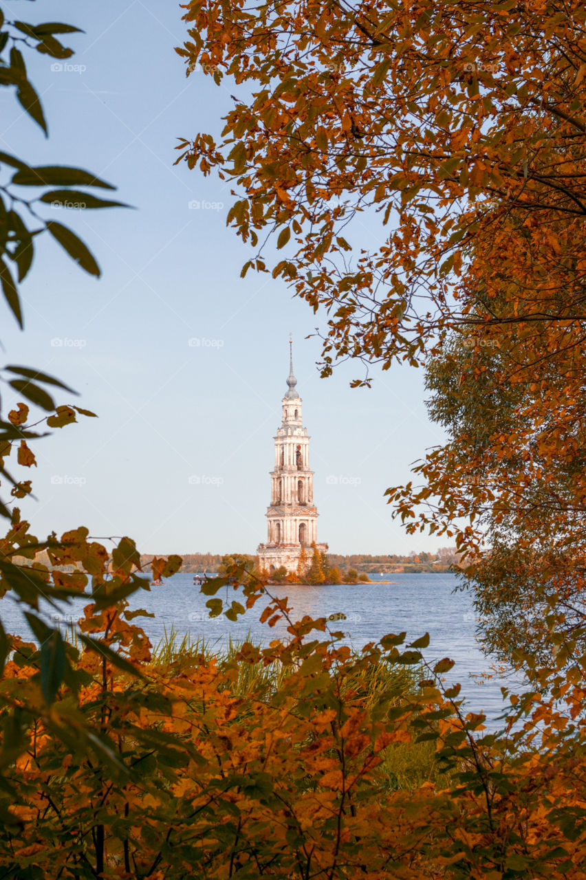 Volga river flooded bell tower of St. Nicholas Cathedral