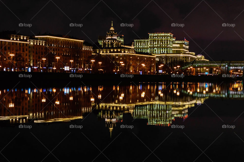 night city with night lights and reflection