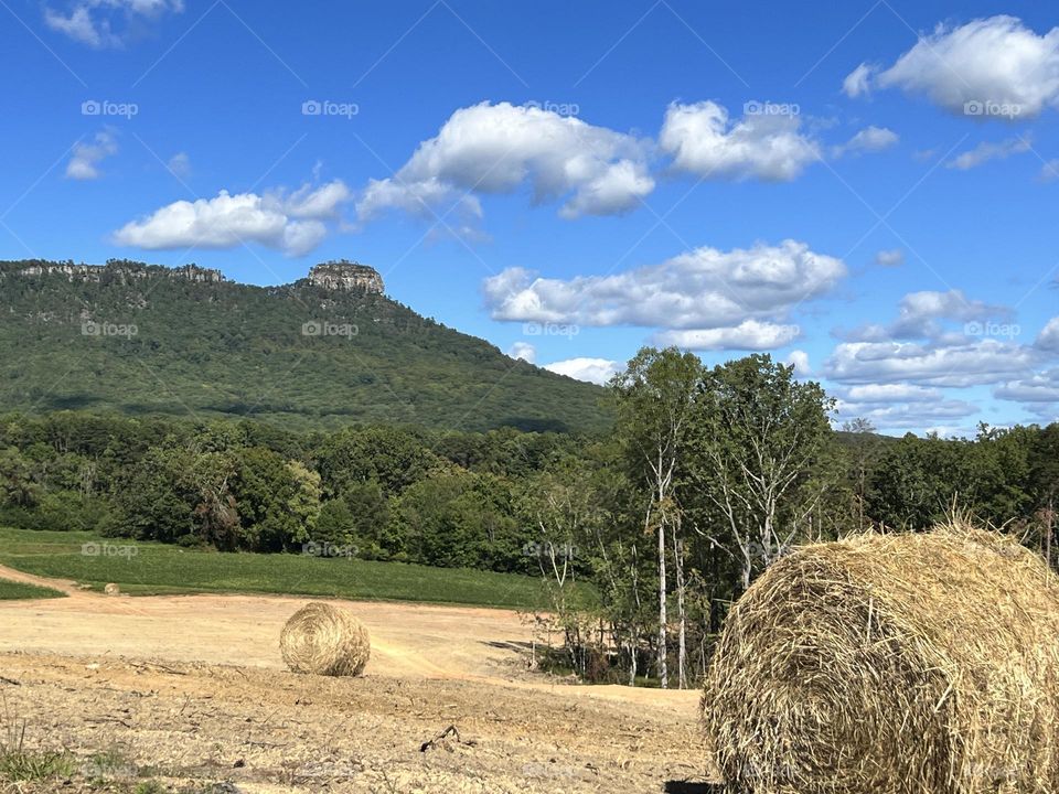 Pilot Mountain and Hay Bales 