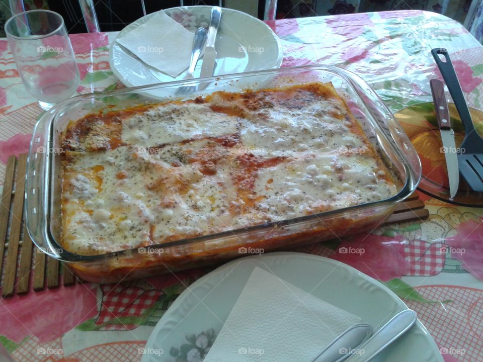 A beautiful home made lasagna.