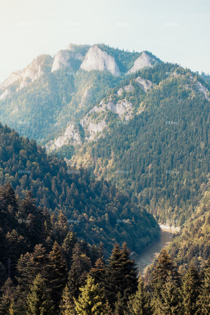 Mountain river valley landscape. Beautiful natural scenery. Dunajec river at the foot of Trzy Korony (Three Crowns) peak in the Pieniny Mountains