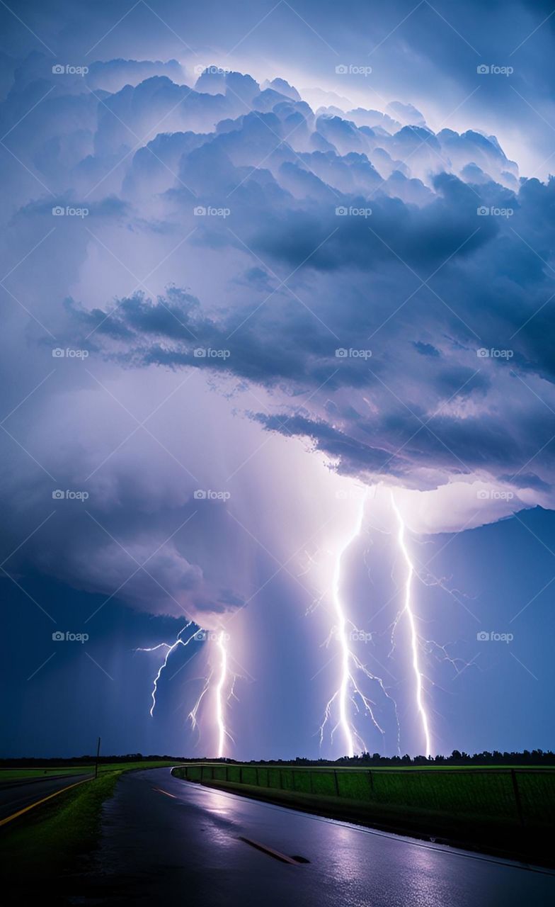 Dark clouds overhead with rain and lightning over an empty road
