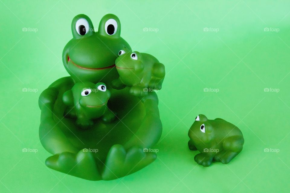Rubber frog family on a green background 