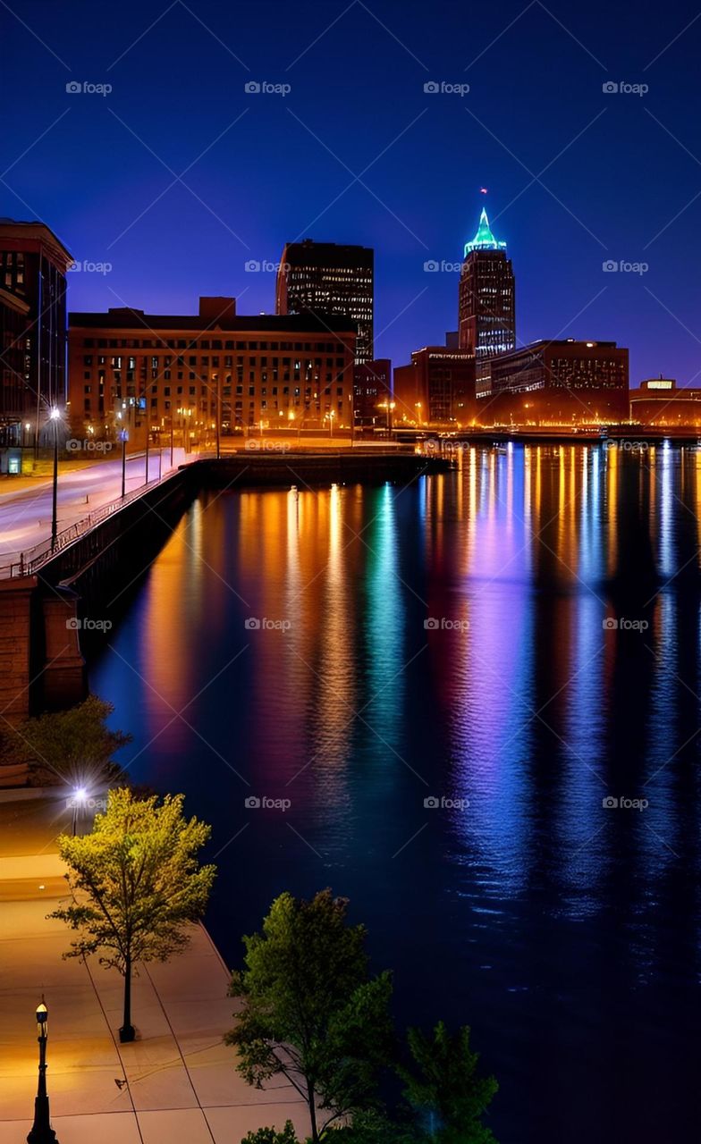 City skyline at night behind the lake with reflections of color