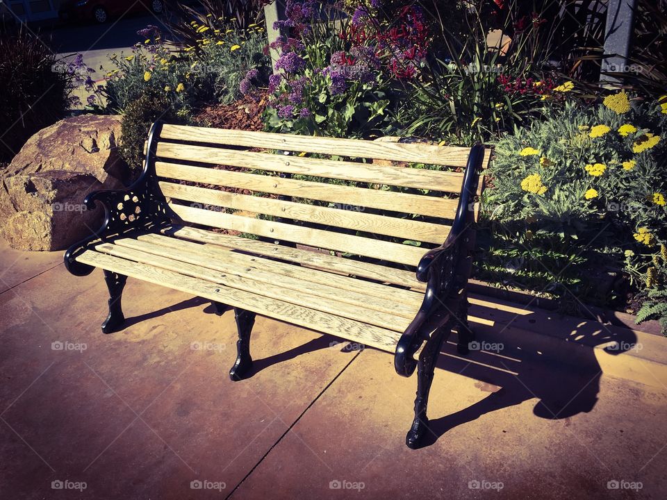 Wooden park  bench in outdoor garden area 