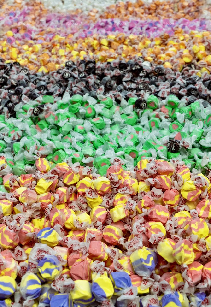 Endless rows of saltwater taffy - colourful candies 