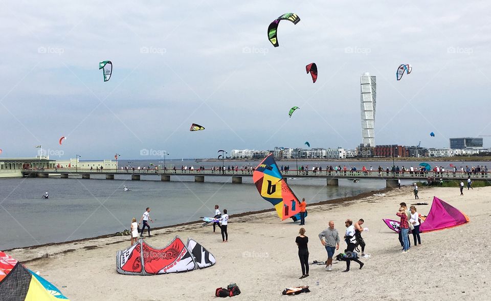 Kitesurfers in Malmö, Sweden.