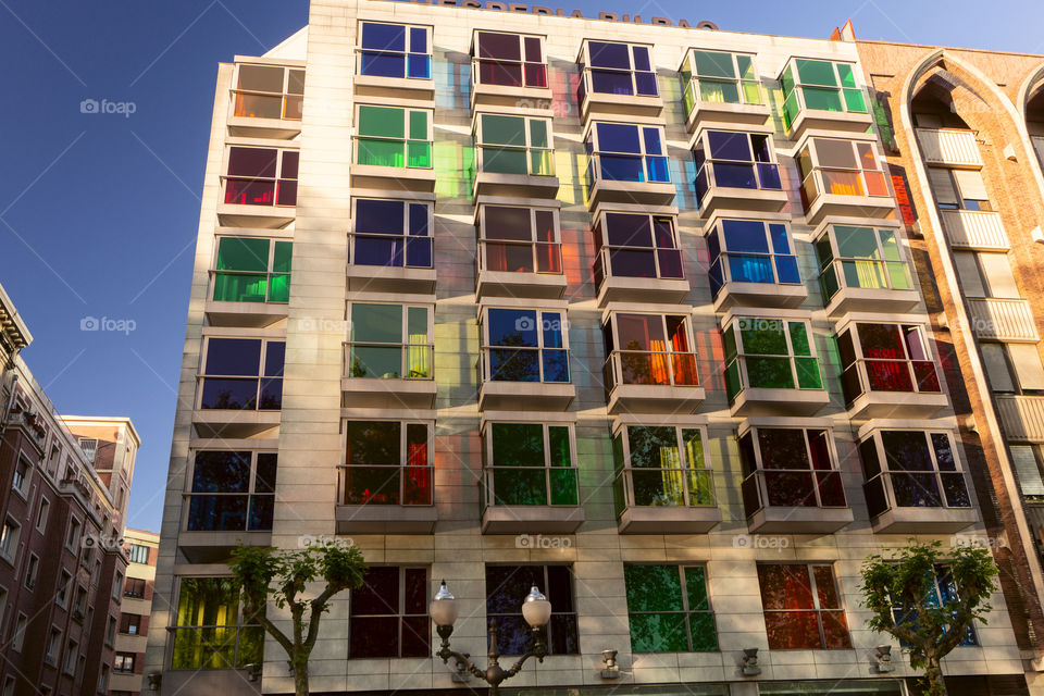 Amazing hotel with colored square windows, Bilbao, Spain.