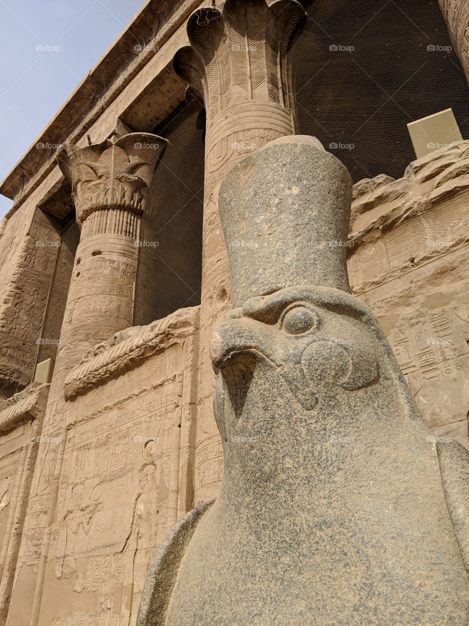 Statue of the good, Horus, guarding the entrance to the Temple of Edfu in Edfu, Egypt.