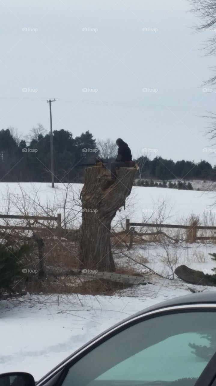 Giving tree. Man on tree stump resting
