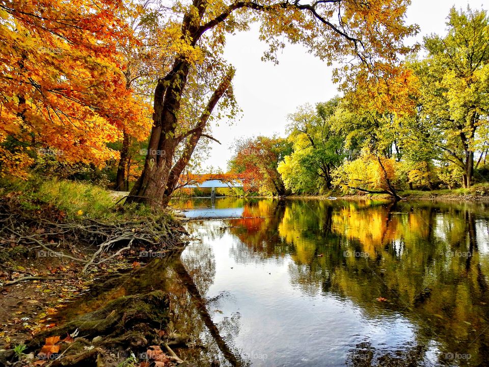 Beautiful fall day on the river in Indiana and the Covered Bridge 
