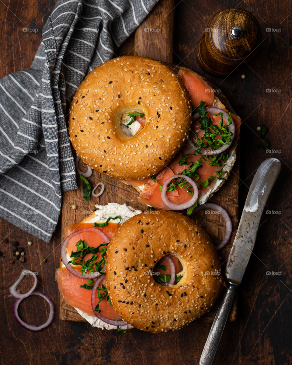 Bagels with salmon and cream cheese, top view