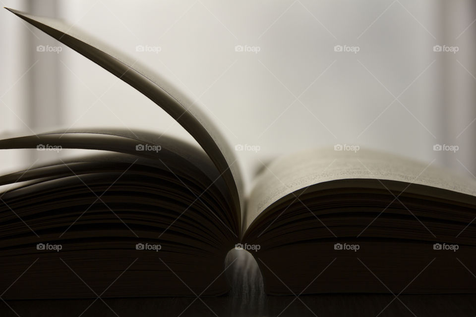 A close up portrait of a silhouette of a book against the light of a window. the book is open and its pages are turning.