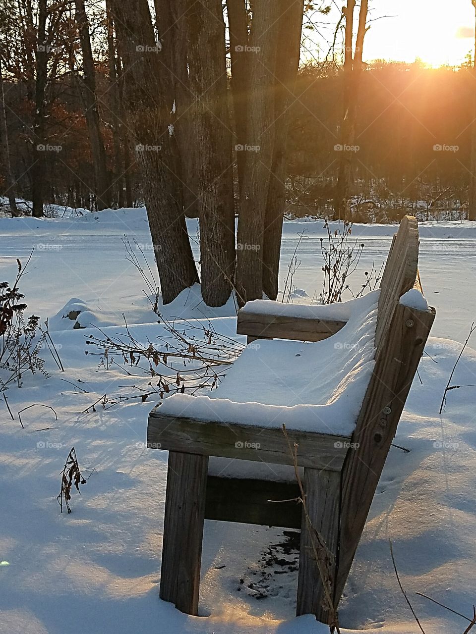snow on a wood bench at sunset