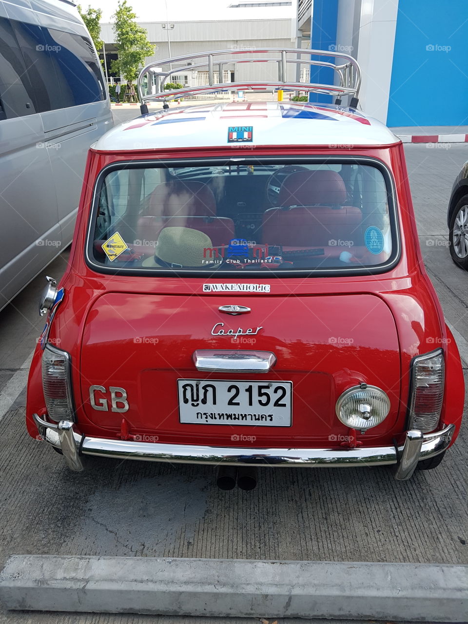 Back of red mini cooper retro vintage classic car