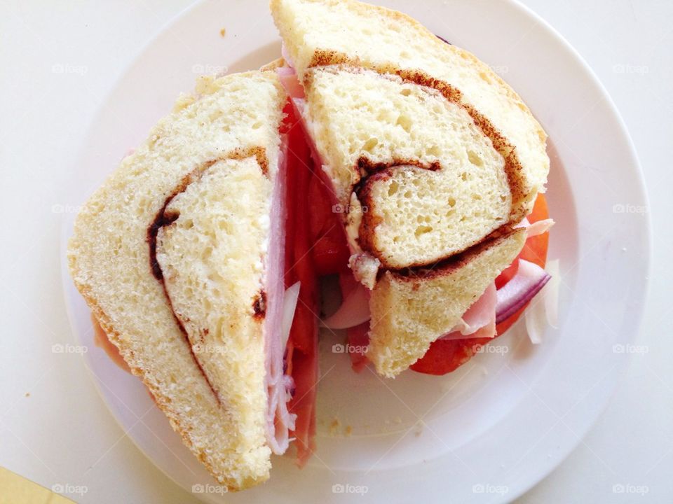 Ham sandwich on cinnamon swirl bread