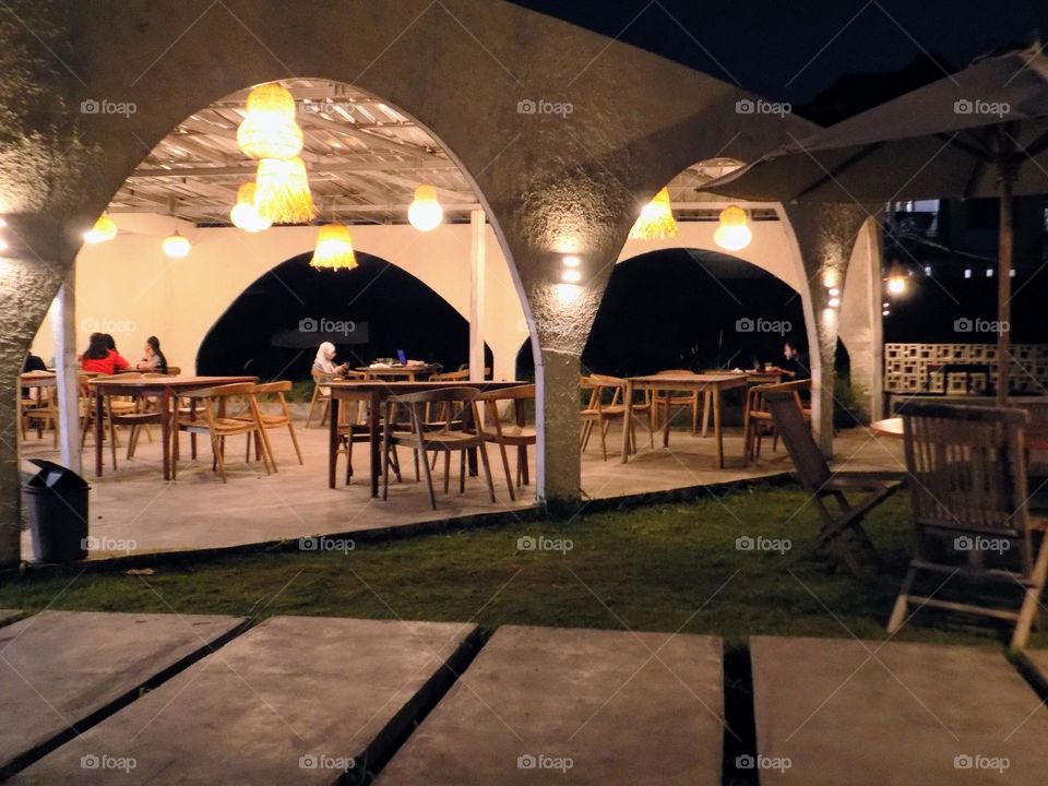 Interior of one of the coffee shops at night