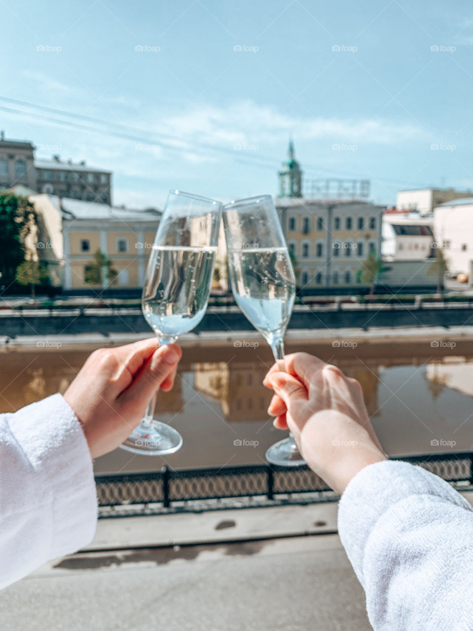 Two glasses of champagne in the morning with a view 