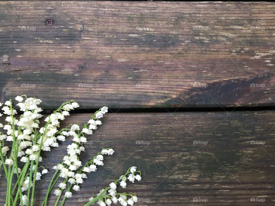 Lily of the valley flat lay on a dark wooden surface (landscape)