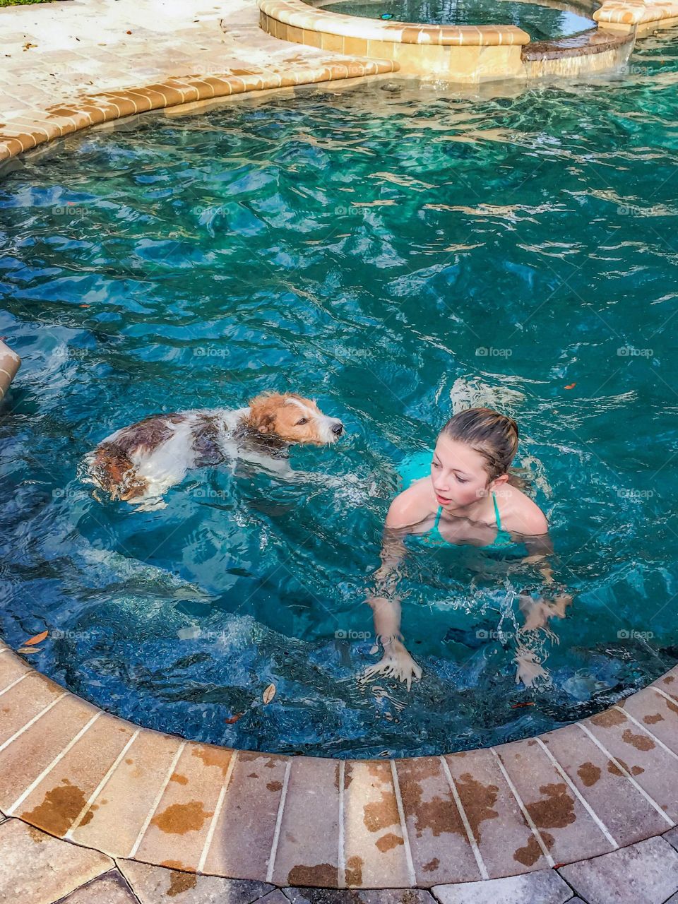 Girl with dog in swimming pool