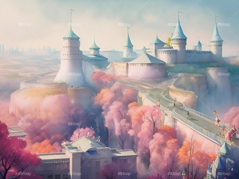 drawing with AI. Kamenets-Podolsky. fortress, drawing, watercolor, spring city, spring, city, castle, fairy-tale city, city of dreams