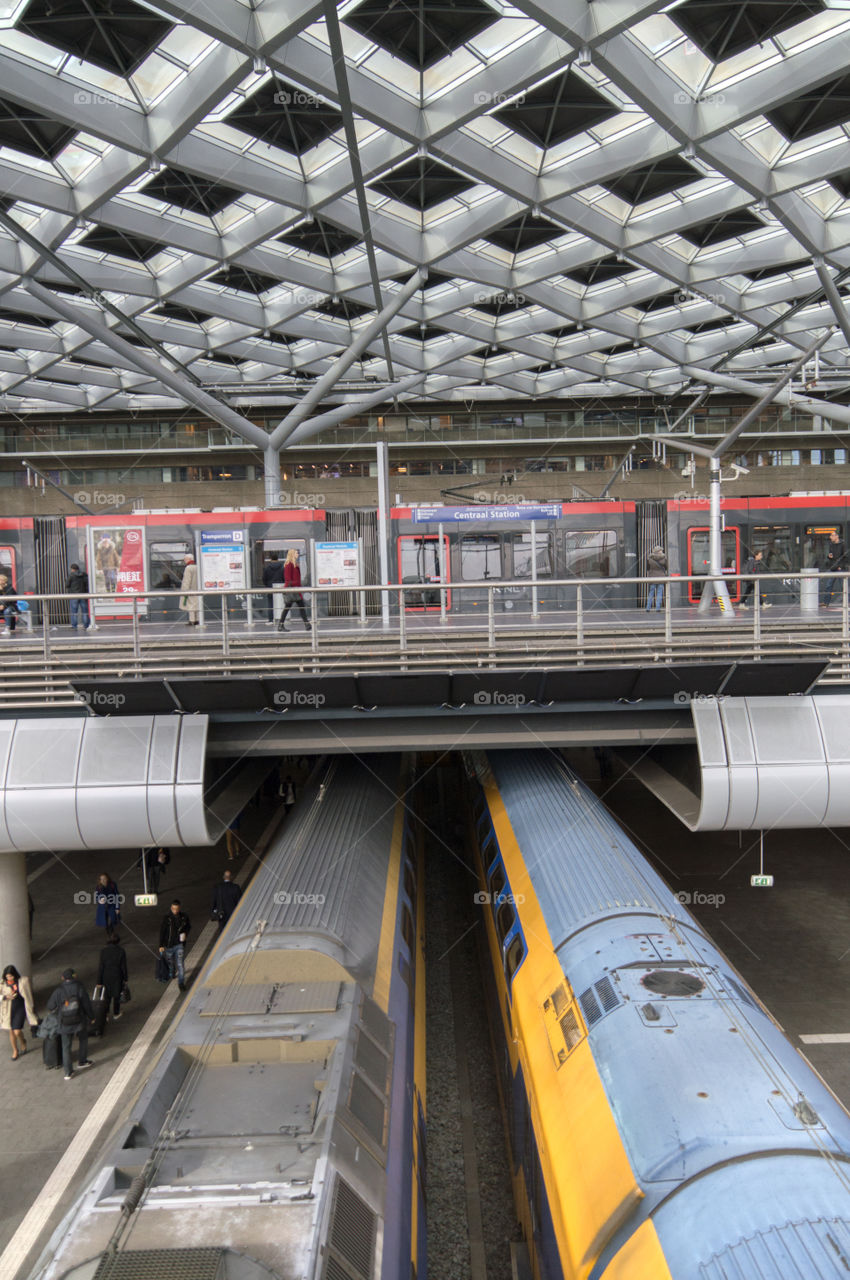 Above View Of A NS Train And The Tram Stop AT Central Station Den Haag The Netherlands 2018