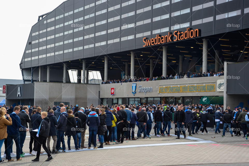 Swedbank Stadium arena in Malmö Sweden. Football game premiere with Malmö top team Malmö FF, start for the football season.