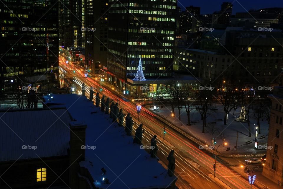 Car light trail in Montreal, Canada at Christmas