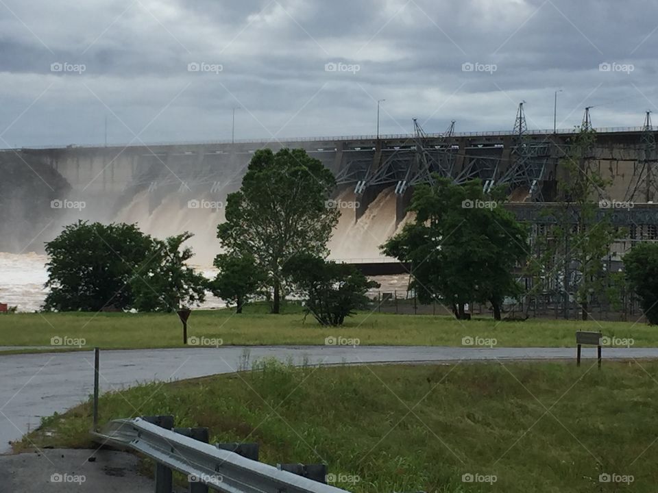 Hydro-electric dam . Hydro-electric dam on flooded Lake Eufaula in Oklahoma.