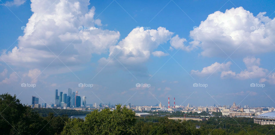 A view of Moscow, Russia;  summer, clouds, skyscrapers