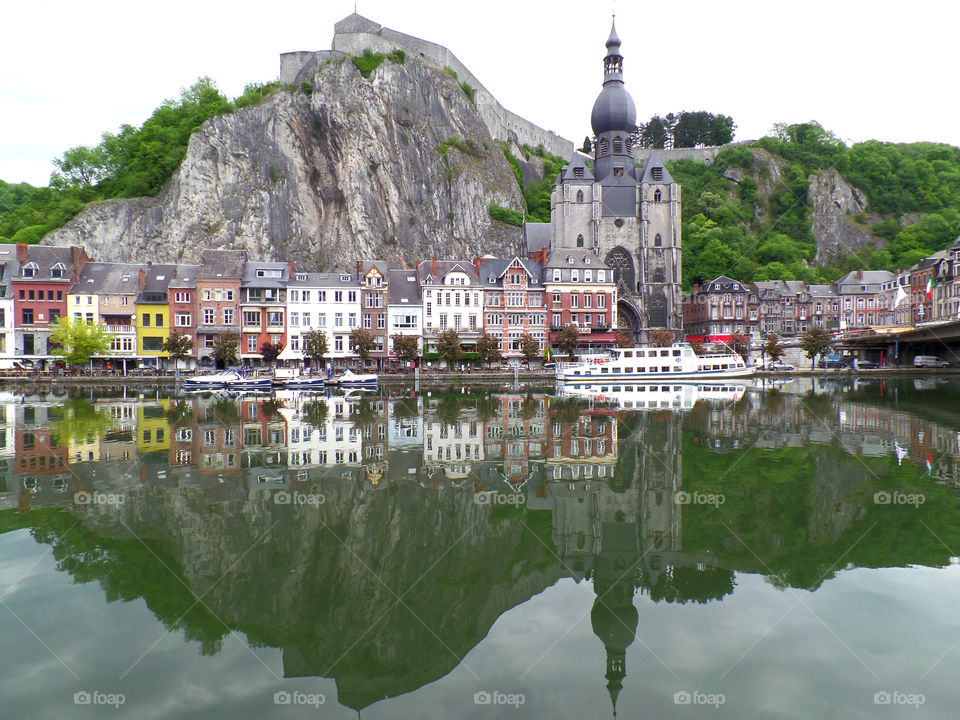 Reflection of Beautiful Architecture in The Meuse River, Dinant, Belgium