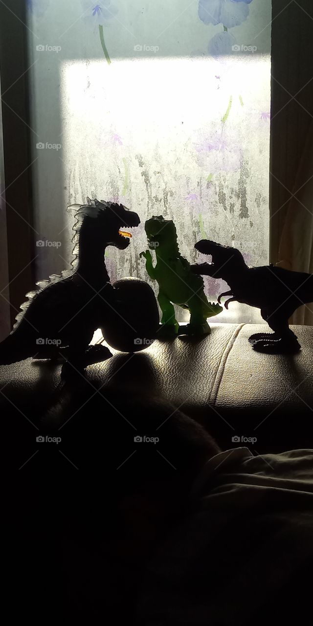 the silhouettes of a three dinosaur.
the one dinosaur which is a female dinosaur carry an egg and trying to protect it from the two male dinosaur .