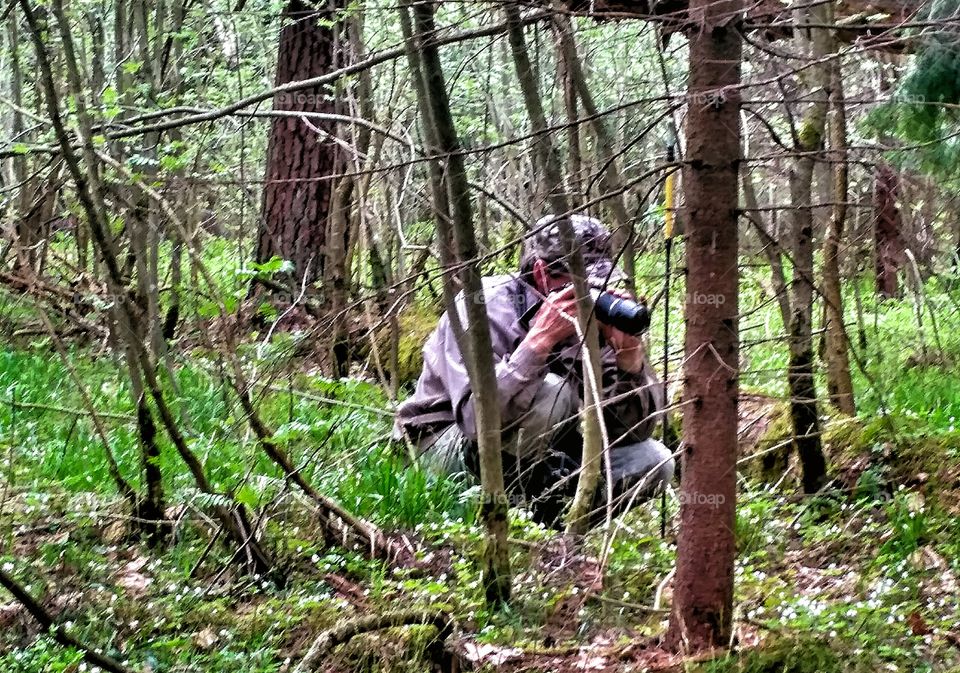 фотограф в лесу за работой, весенний день,облачно, зелень,человек, фотоаппарат, деревья, трава, съёмка.