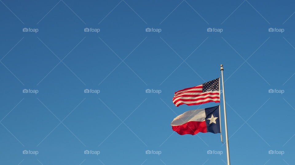 Usa and Texas iconic flags. Flag of Texas Sate and USA waving on a sunny day